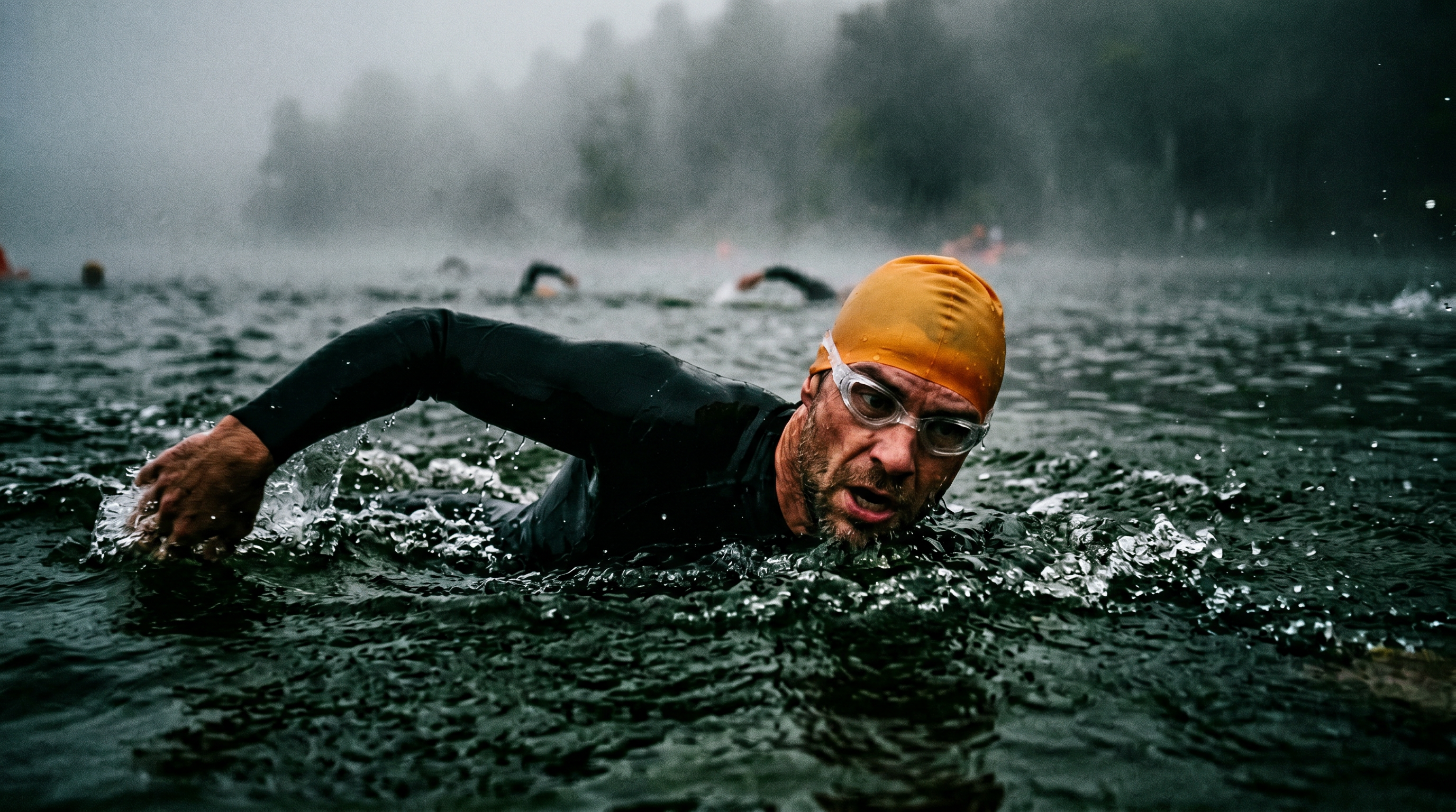 Triathlete competing in open water swim at dawn
